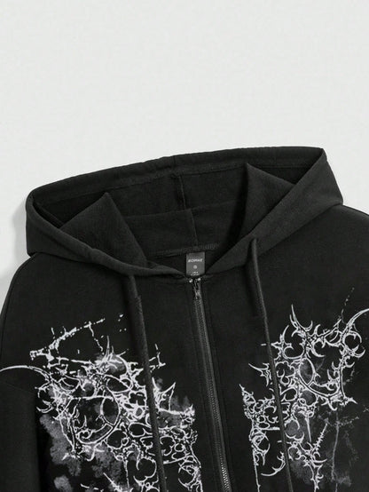 Goth Y2K Vintage Cross Print Zip Up Hoodie