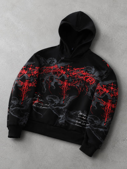Gothic Angel Red Print Black Polyester Hoodie