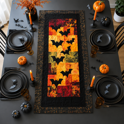 Gothic Black Bat & Orange Patchwork Halloween Quilted Table Runner