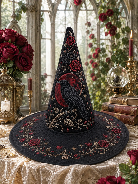 Gothic Black Crow & Blood Moon Red Rose Halloween Quilt Witch Hat