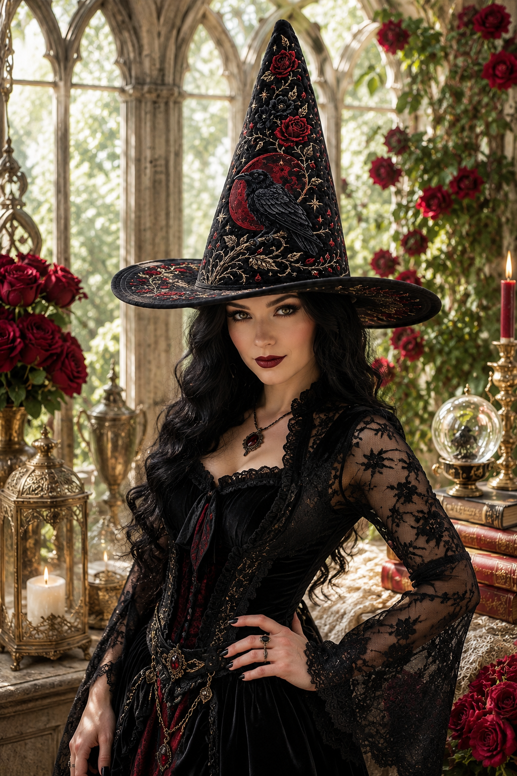 Gothic Black Crow & Blood Moon Red Rose Halloween Quilt Witch Hat