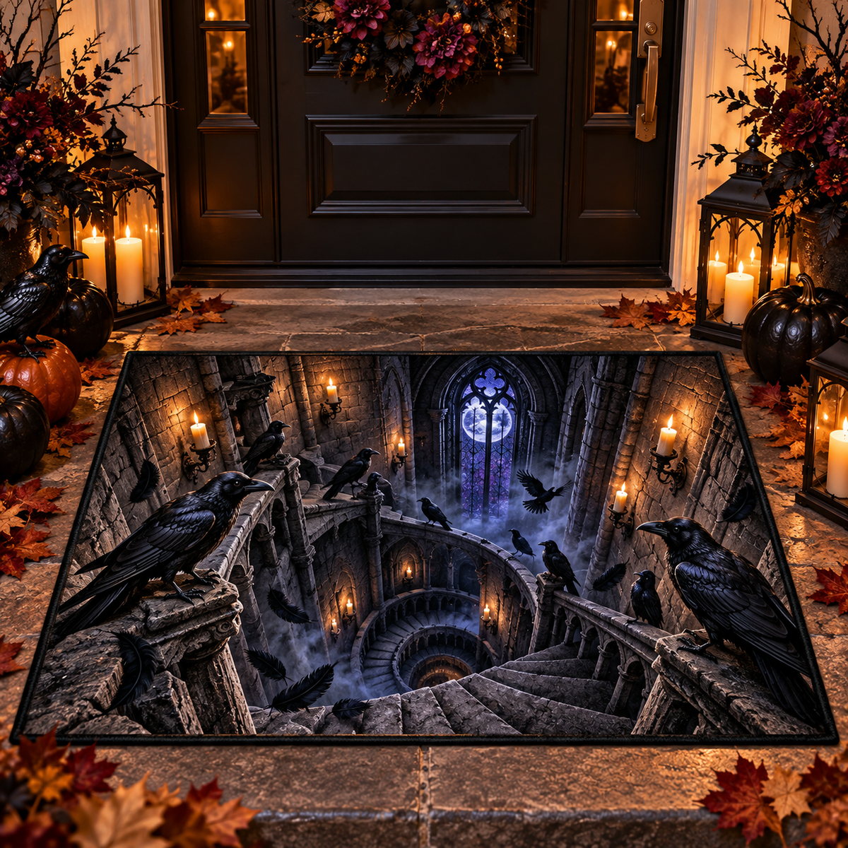 Gothic Black Ravens Castle Staircase Halloween Doormat Decor