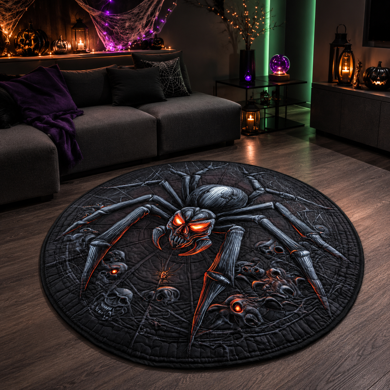 Gothic Black Spider & Skulls Area Halloween Quilt Round Rug