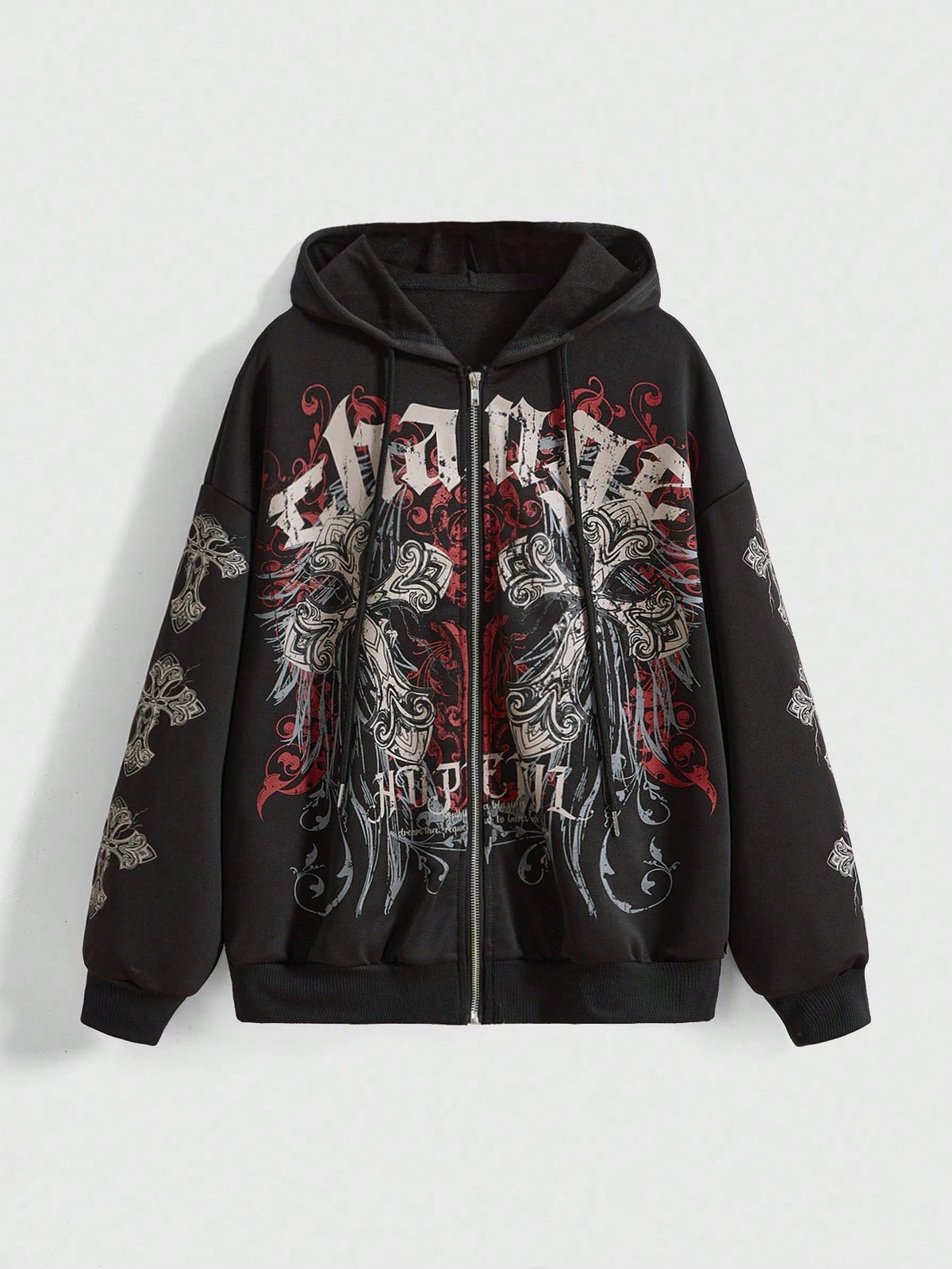 Gothic Cross Graphic Zip Up Streetwear Hoodie