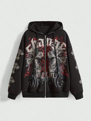Gothic Cross Graphic Zip Up Streetwear Hoodie