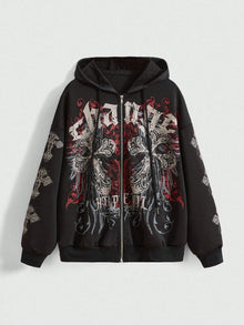 Gothic Cross Graphic Zip Up Streetwear Hoodie