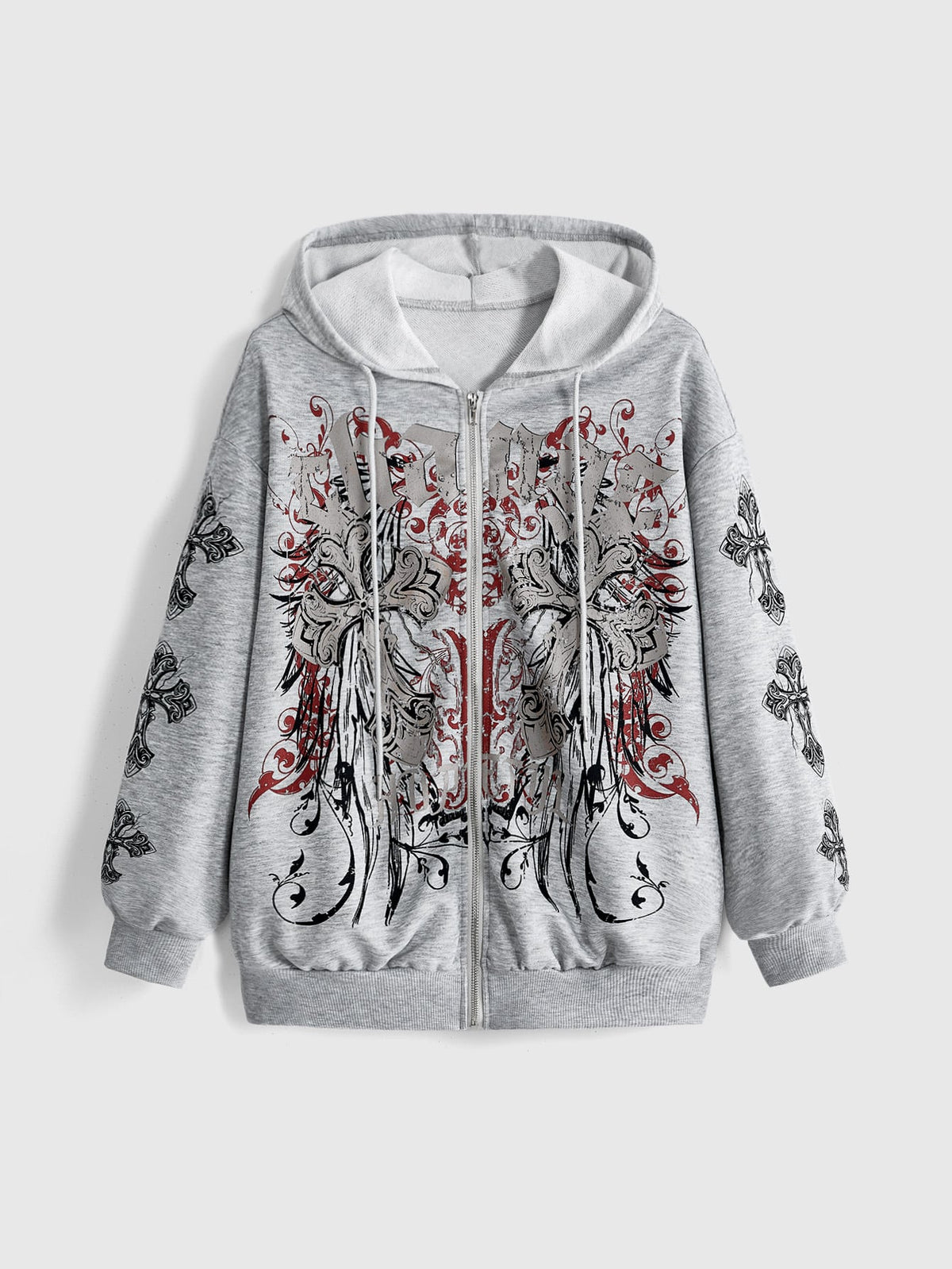 Gothic Cross Graphic Zip Up Streetwear Hoodie