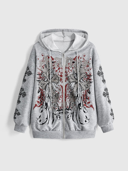 Gothic Cross Graphic Zip Up Streetwear Hoodie