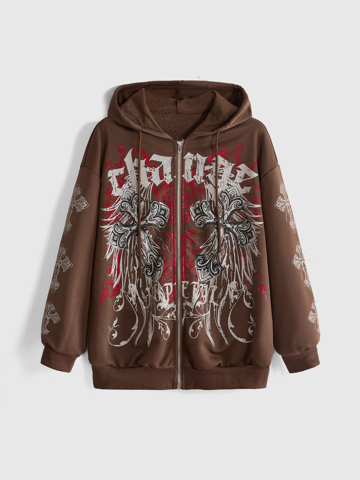 Gothic Cross Graphic Zip Up Streetwear Hoodie