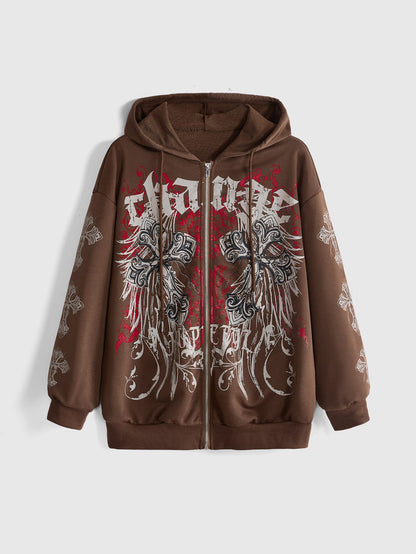 Gothic Cross Graphic Zip Up Streetwear Hoodie