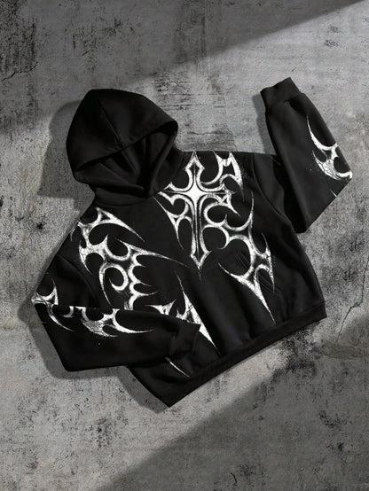 Gothic Cross Print Pullover Hoodie