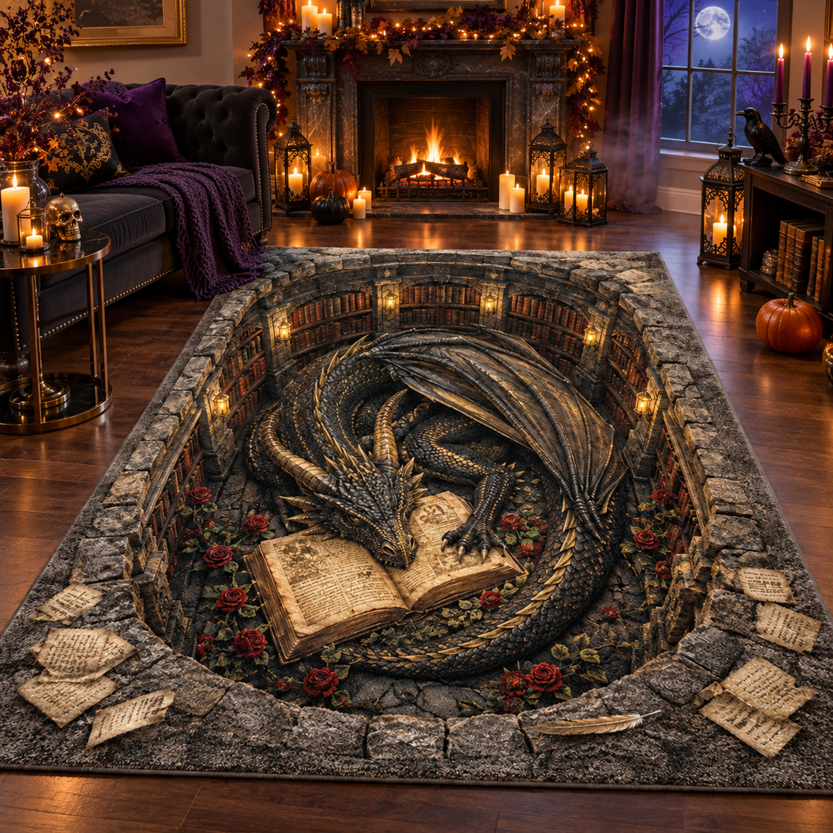 Gothic Dragon Library Pit Halloween Area Rug