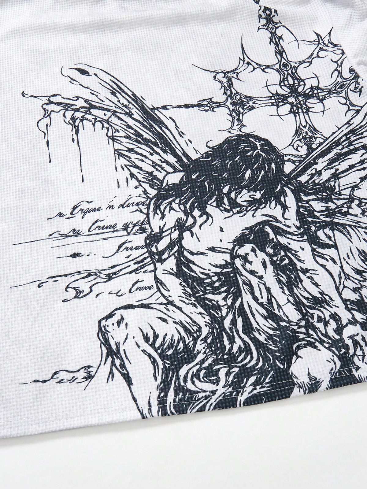 Gothic Fallen Angel Cross Waffle Long Sleeve Tee