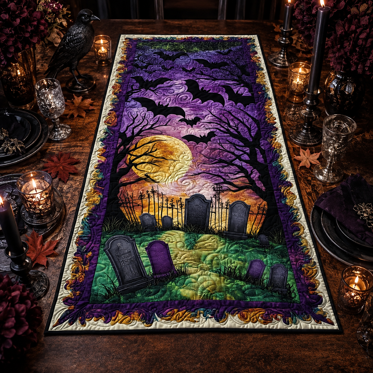Gothic Graveyard Full Moon & Bats Halloween Quilted Table Runner