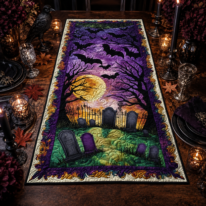 Gothic Graveyard Full Moon & Bats Halloween Quilted Table Runner