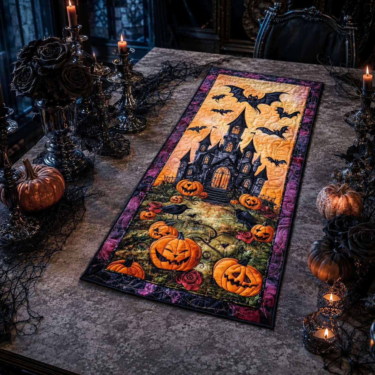 Gothic Haunted Castle & Pumpkin Patch Halloween Quilted Table Runner