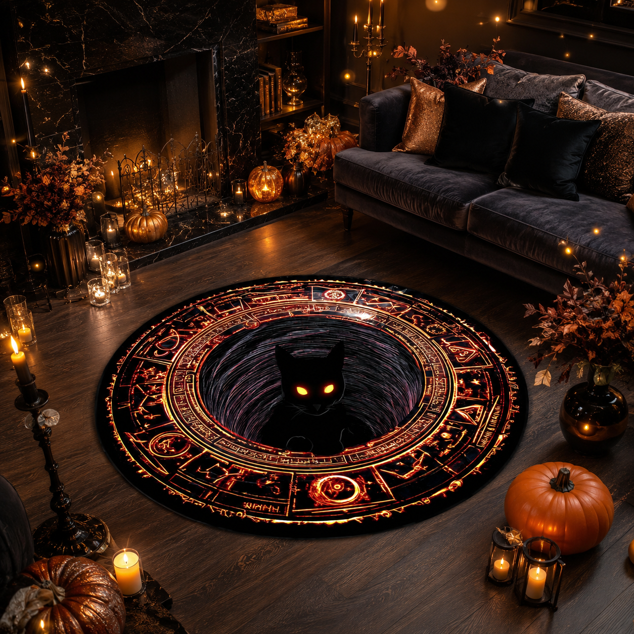 Gothic Magic Circle Black Cat 3D Illusion Halloween Quilt Round Rug