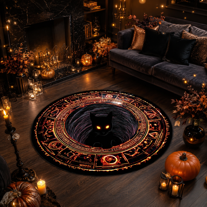 Gothic Magic Circle Black Cat 3D Illusion Halloween Quilt Round Rug