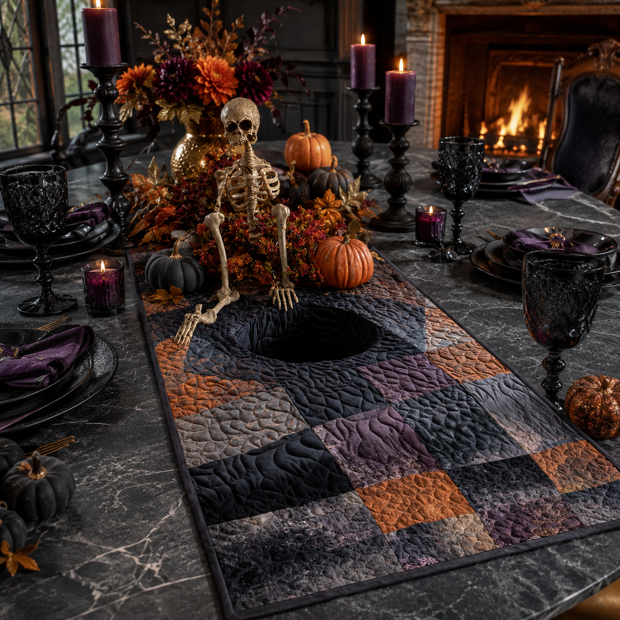 Gothic Patchwork Black & Orange Halloween Quilted Table Runner