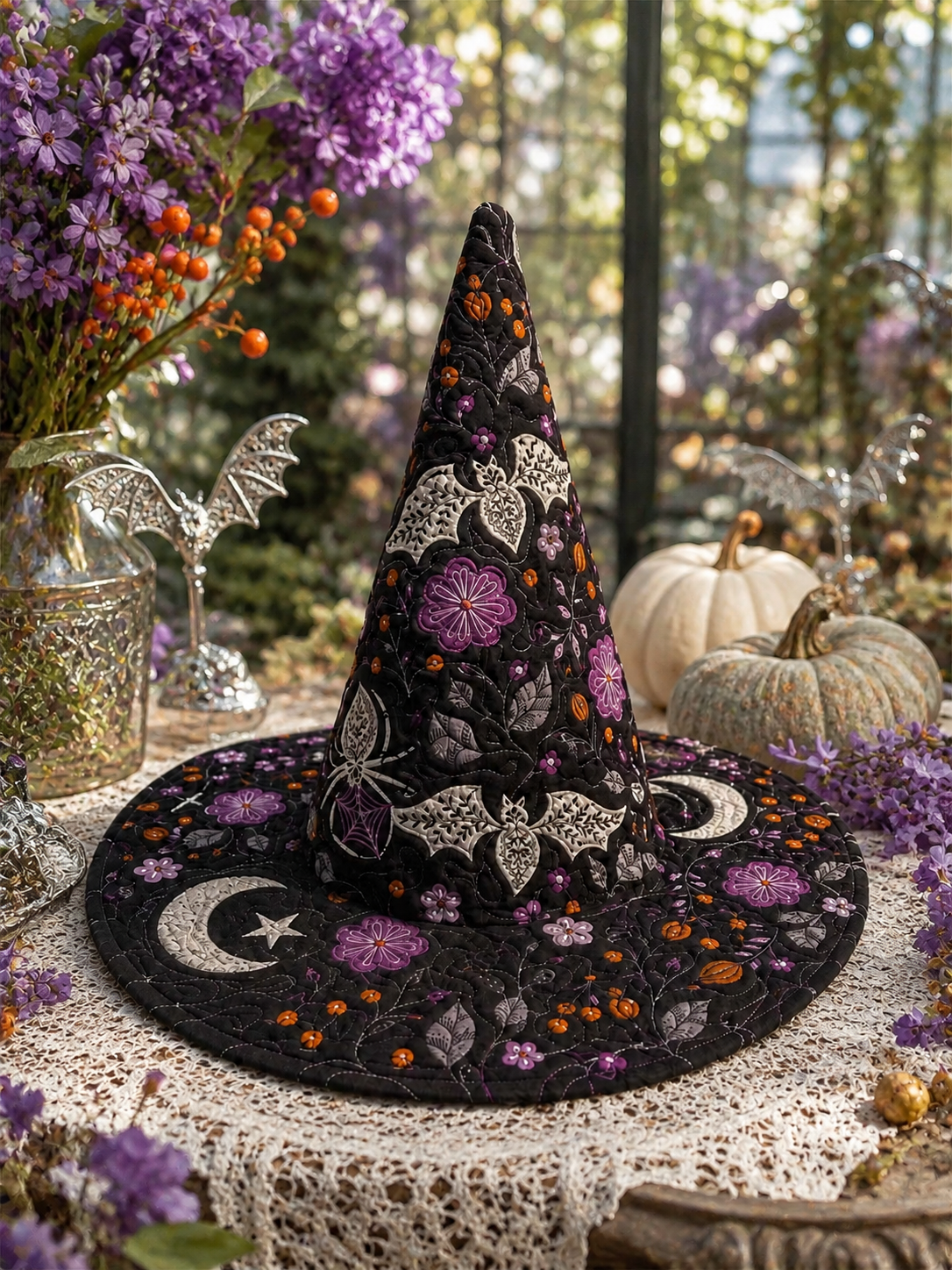 Gothic Purple Floral Bat & Crescent Moon Halloween Quilt Witch Hat