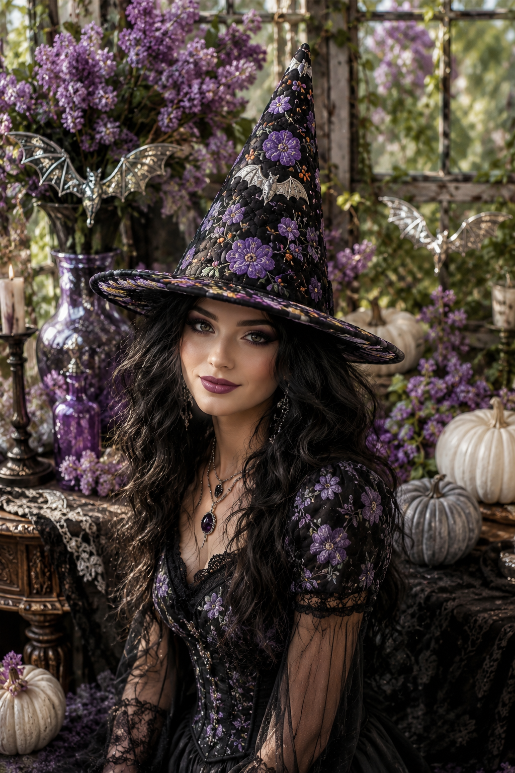 Gothic Purple Floral Bat & Crescent Moon Halloween Quilt Witch Hat