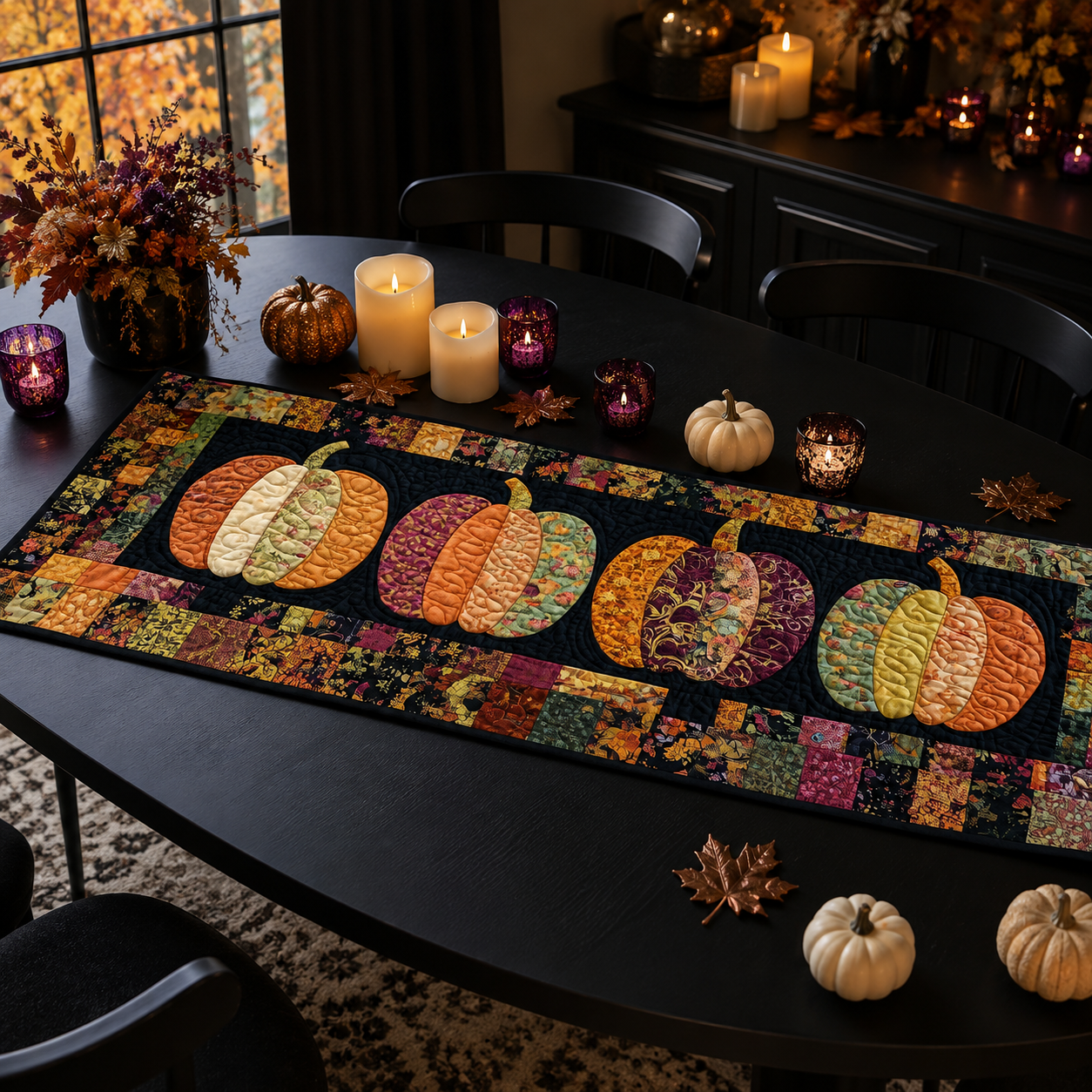 Gothic Raven Witch Hat & Pumpkin Halloween Quilted Table Runner