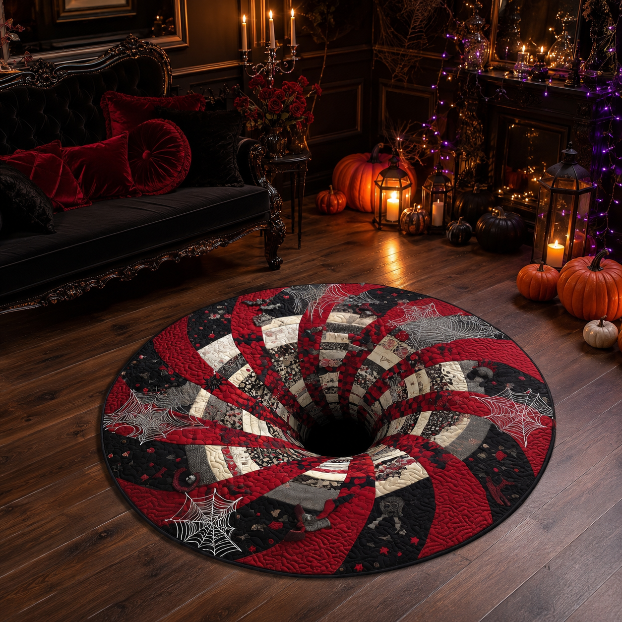 Gothic Red Black Swirl Spider Web Halloween Quilt Round Rug