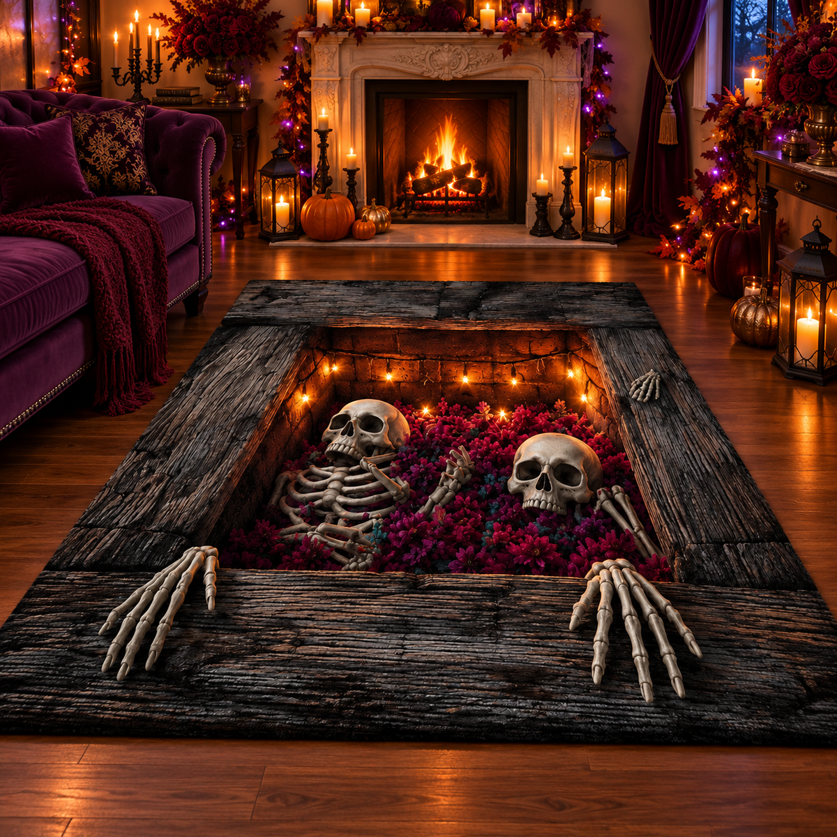 Gothic Skeleton Rose Pit Halloween Area Rug