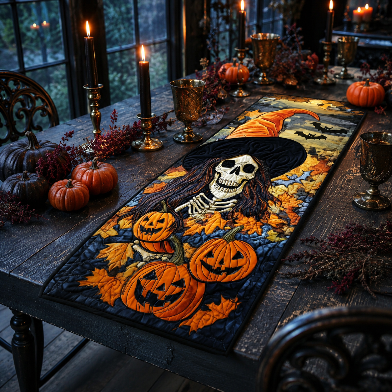 Gothic Skeleton Witch Pumpkin Patch Halloween Quilted Table Runner