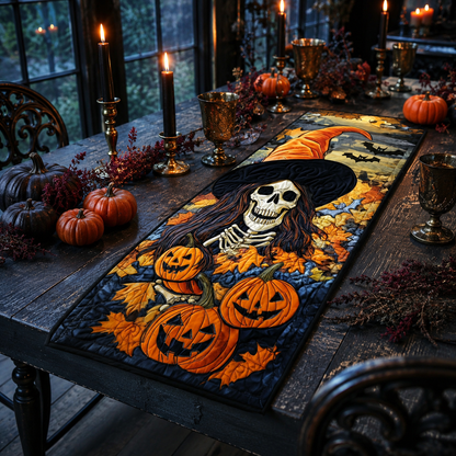 Gothic Skeleton Witch Pumpkin Patch Halloween Quilted Table Runner