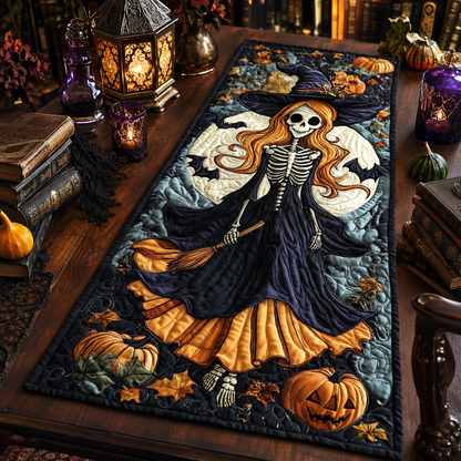 Gothic Skeleton Witch & Full Moon Halloween Quilted Table Runner