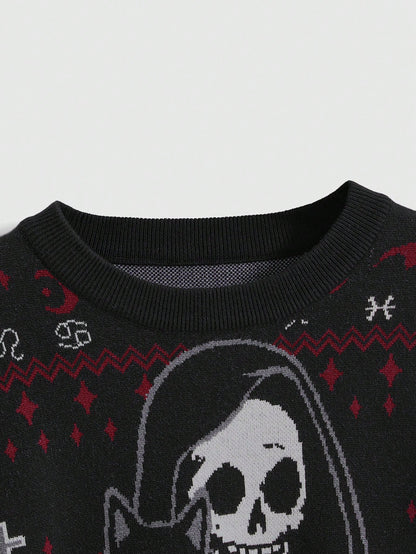 Gothic Skull Black Cat Cross Jacquard Knit Sweater