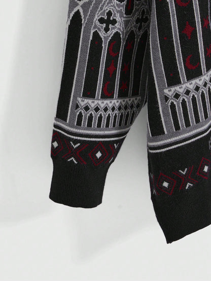 Gothic Skull Black Cat Cross Jacquard Knit Sweater