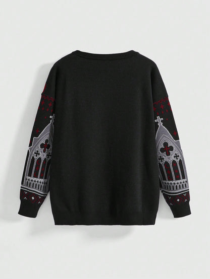 Gothic Skull Black Cat Cross Jacquard Knit Sweater