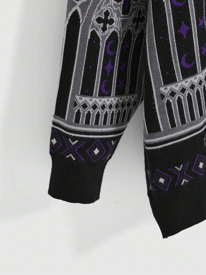 Gothic Skull Black Cat Cross Knit Sweater