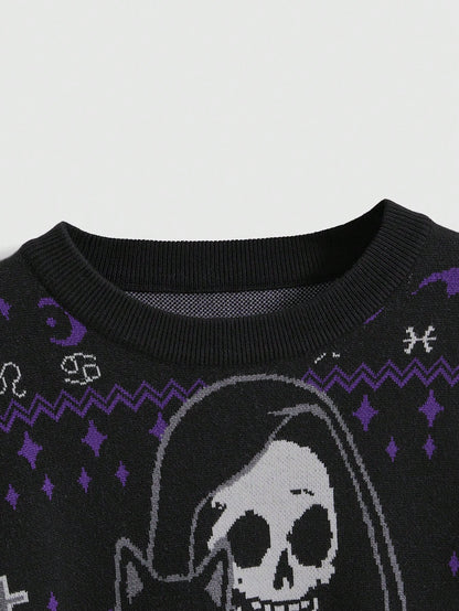 Gothic Skull Black Cat Cross Knit Sweater