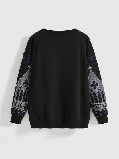 Gothic Skull Black Cat Cross Knit Sweater