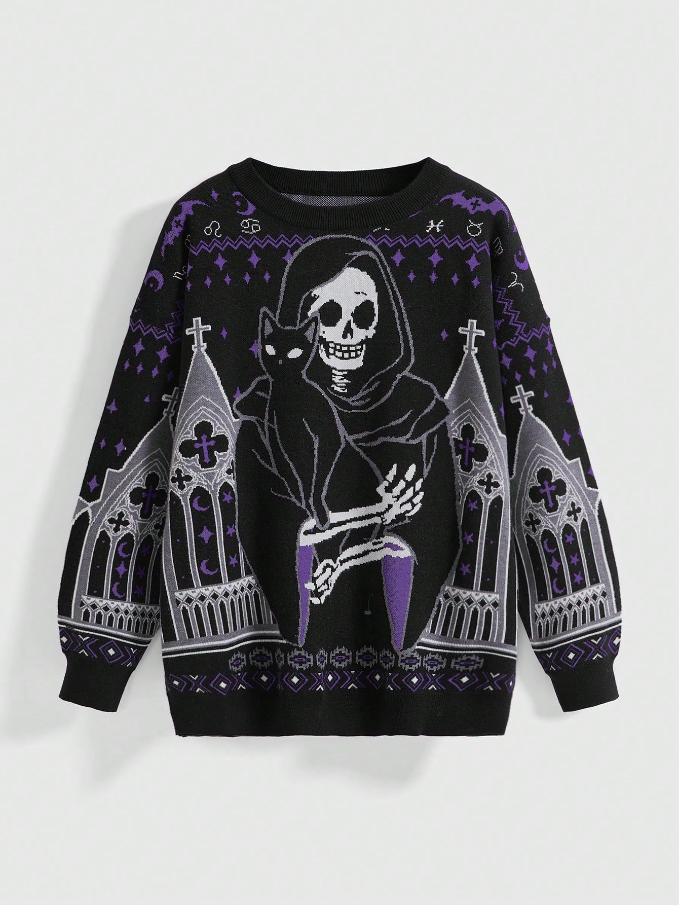 Gothic Skull Black Cat Cross Knit Sweater