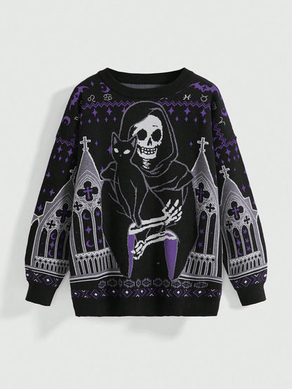 Gothic Skull Black Cat Cross Knit Sweater