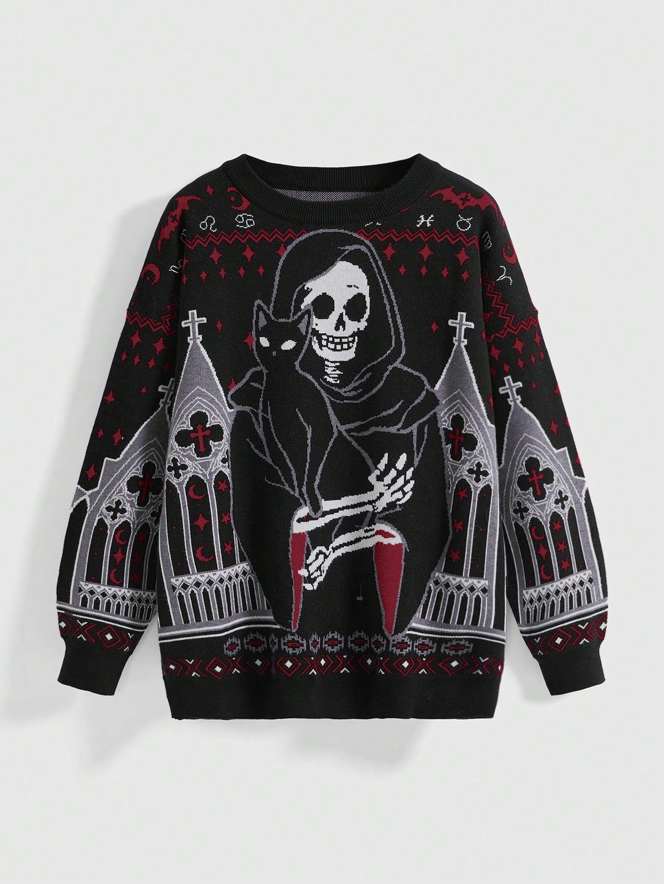 Gothic Skull Black Cat Cross Knit Sweater