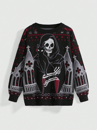 Gothic Skull Black Cat Cross Knit Sweater