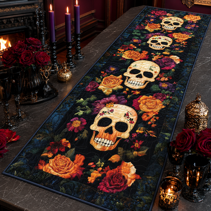 Gothic Skull Floral Rose Halloween Quilted Table Runner