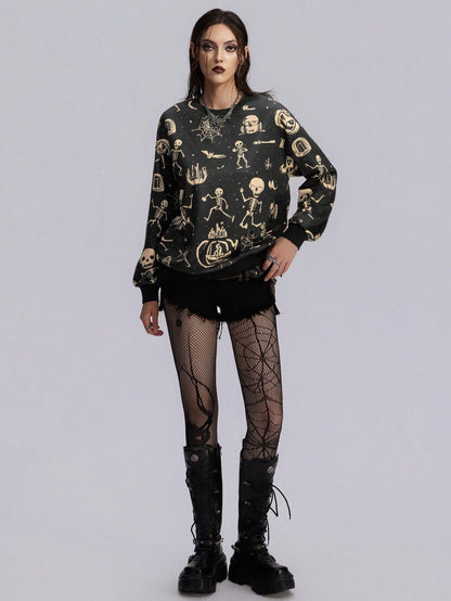 Gothic Skull Pumpkin Print Halloween Sweatshirt