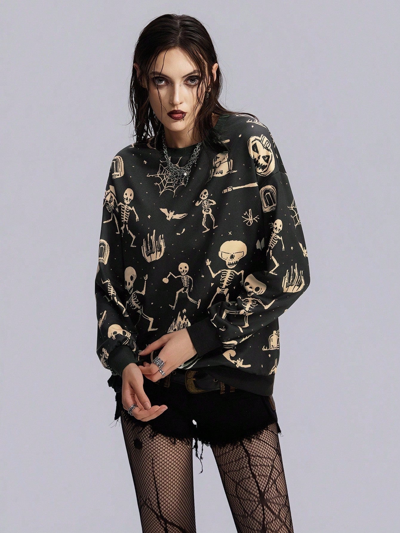 Gothic Skull Pumpkin Print Halloween Sweatshirt