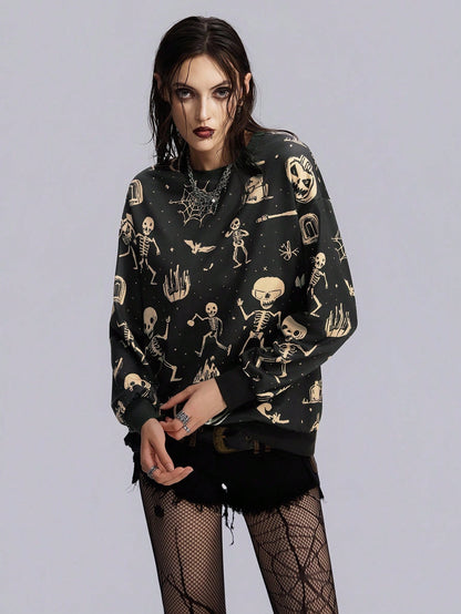 Gothic Skull Pumpkin Print Halloween Sweatshirt