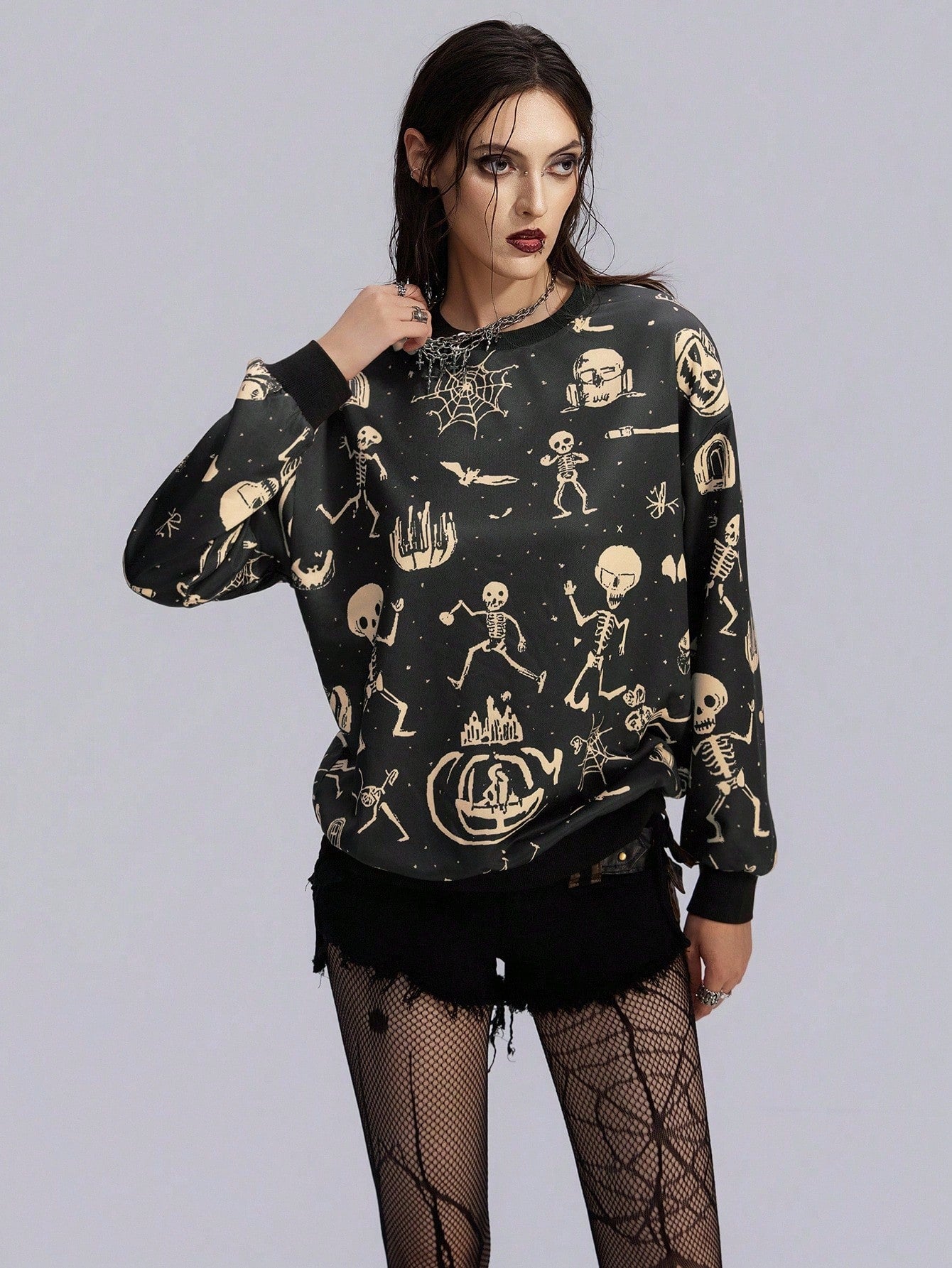Gothic Skull Pumpkin Print Halloween Sweatshirt
