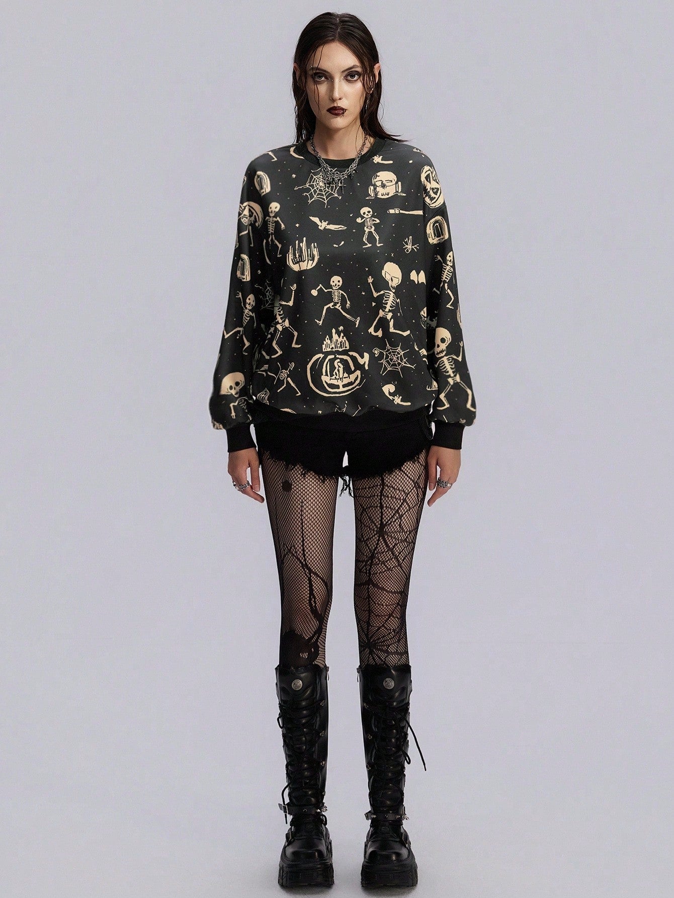 Gothic Skull Pumpkin Print Halloween Sweatshirt
