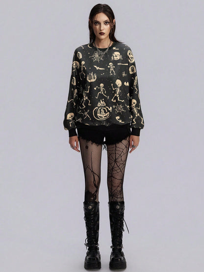 Gothic Skull Pumpkin Print Halloween Sweatshirt