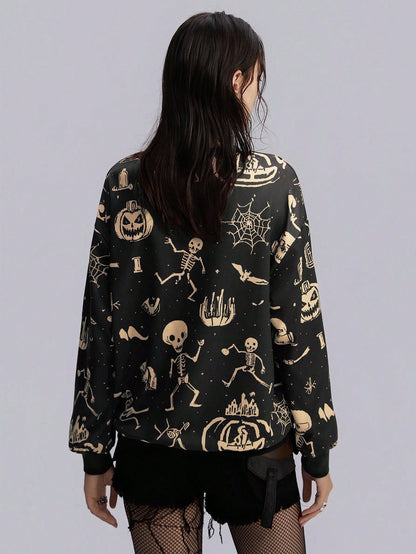 Gothic Skull Pumpkin Print Halloween Sweatshirt
