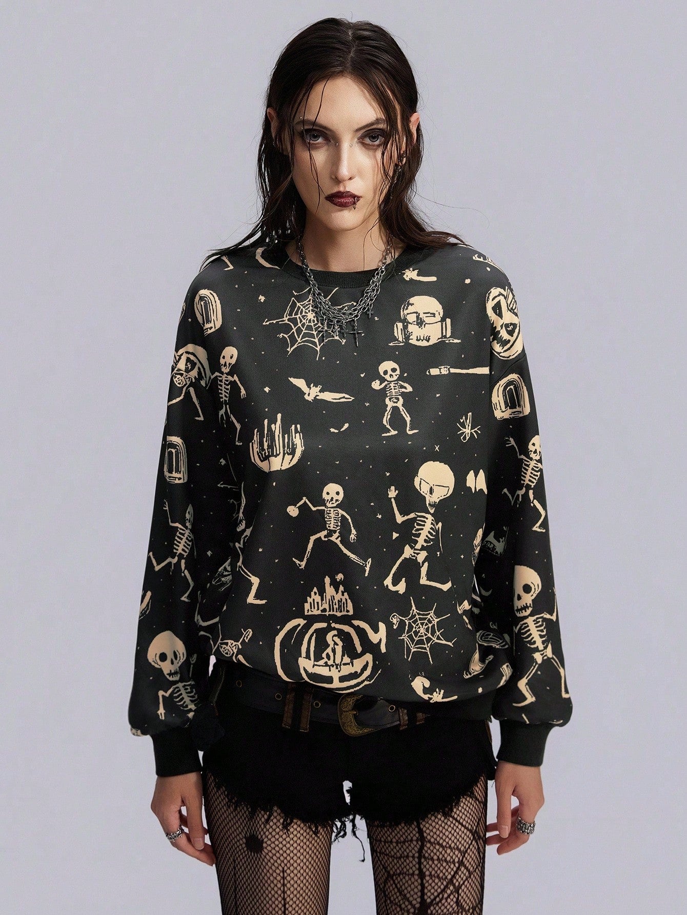 Gothic Skull Pumpkin Print Halloween Sweatshirt